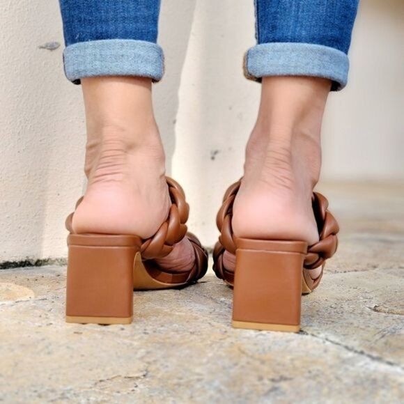 Women's Tan Double Braided Square Toe Mule Low Heel Sandal - Picture 4 of 5